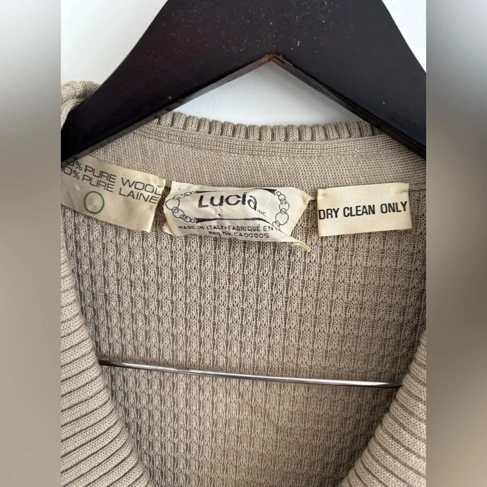Vintage 100% Pure Wool Midi Dress Bib Collar Neutral French Sezane Vibes S M - Picture 7 of 7